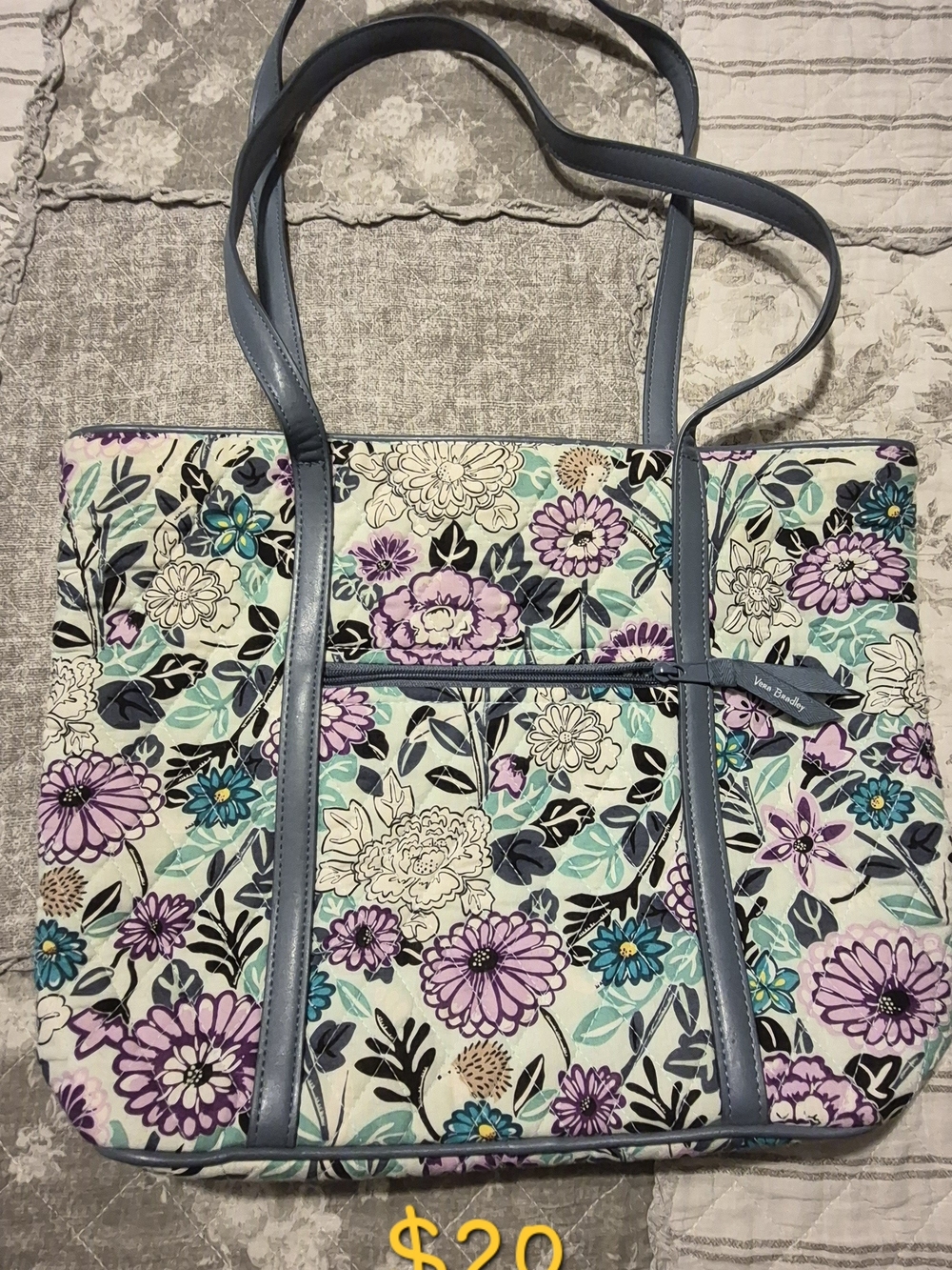 Vera Bradley Quilted Floral Tote in Lavender, Teal and Cream